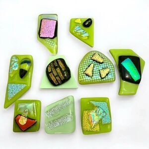 Set of 10 Dichroic Fused Glass Pieces – Lime Green Abstract Cabochons jewelry